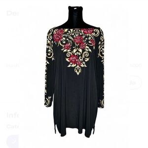 JM Collection Black Long Sleeves Top W/Red and Gold Floral Design & Stones On It